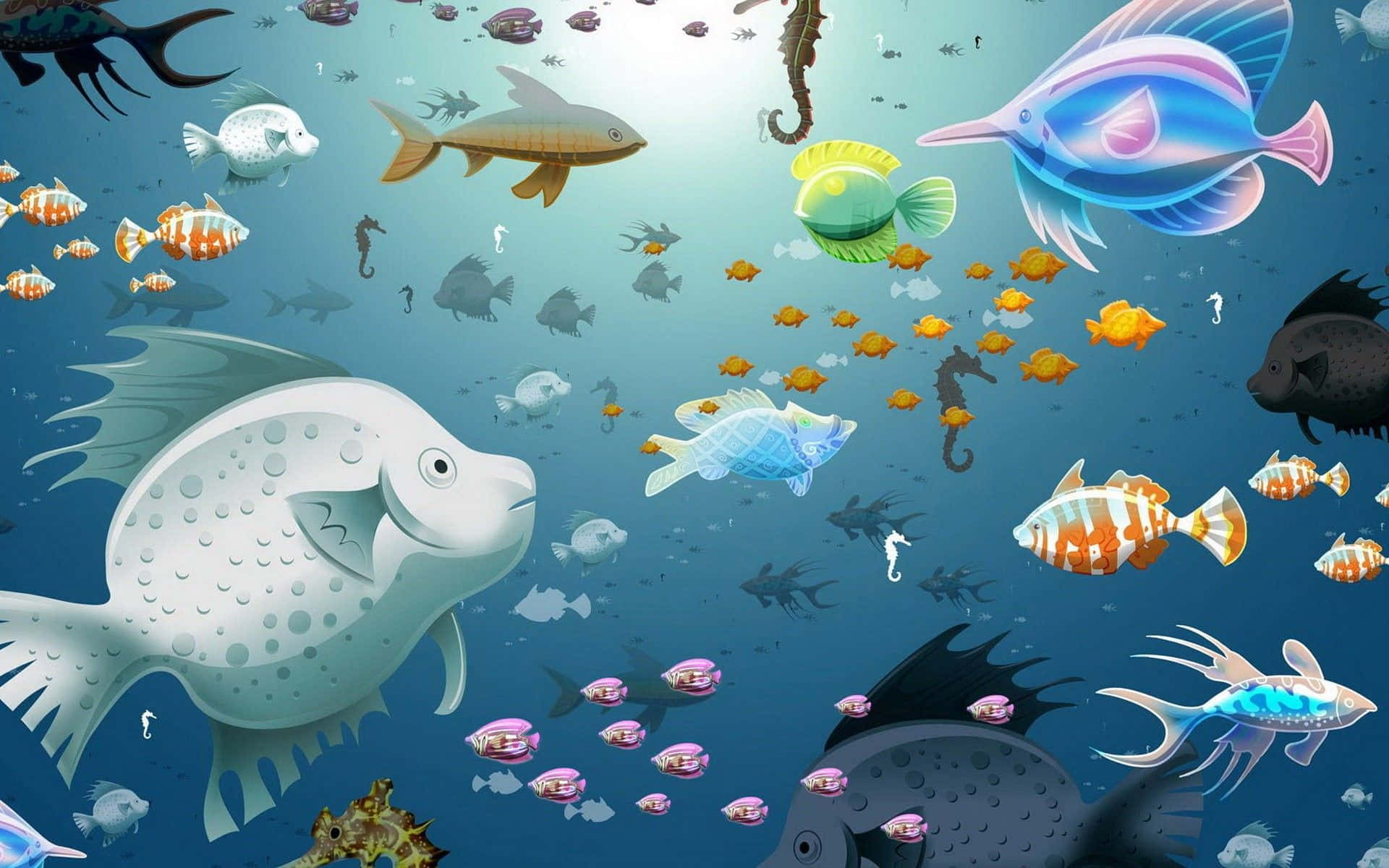 Kawaii Sea Creatures 桌布 壁紙 — 色彩繽紛的卡通魚在陽光照耀的藍色海洋中游動，充滿了多彩的海洋生物和俏皮的海馬。