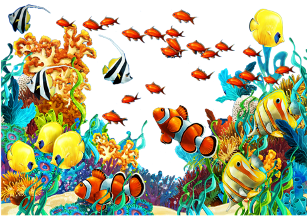 水下動畫 桌布 壁紙 — 色彩繽紛的卡通魚在黑色背景下於多彩珊瑚和海草間游動。