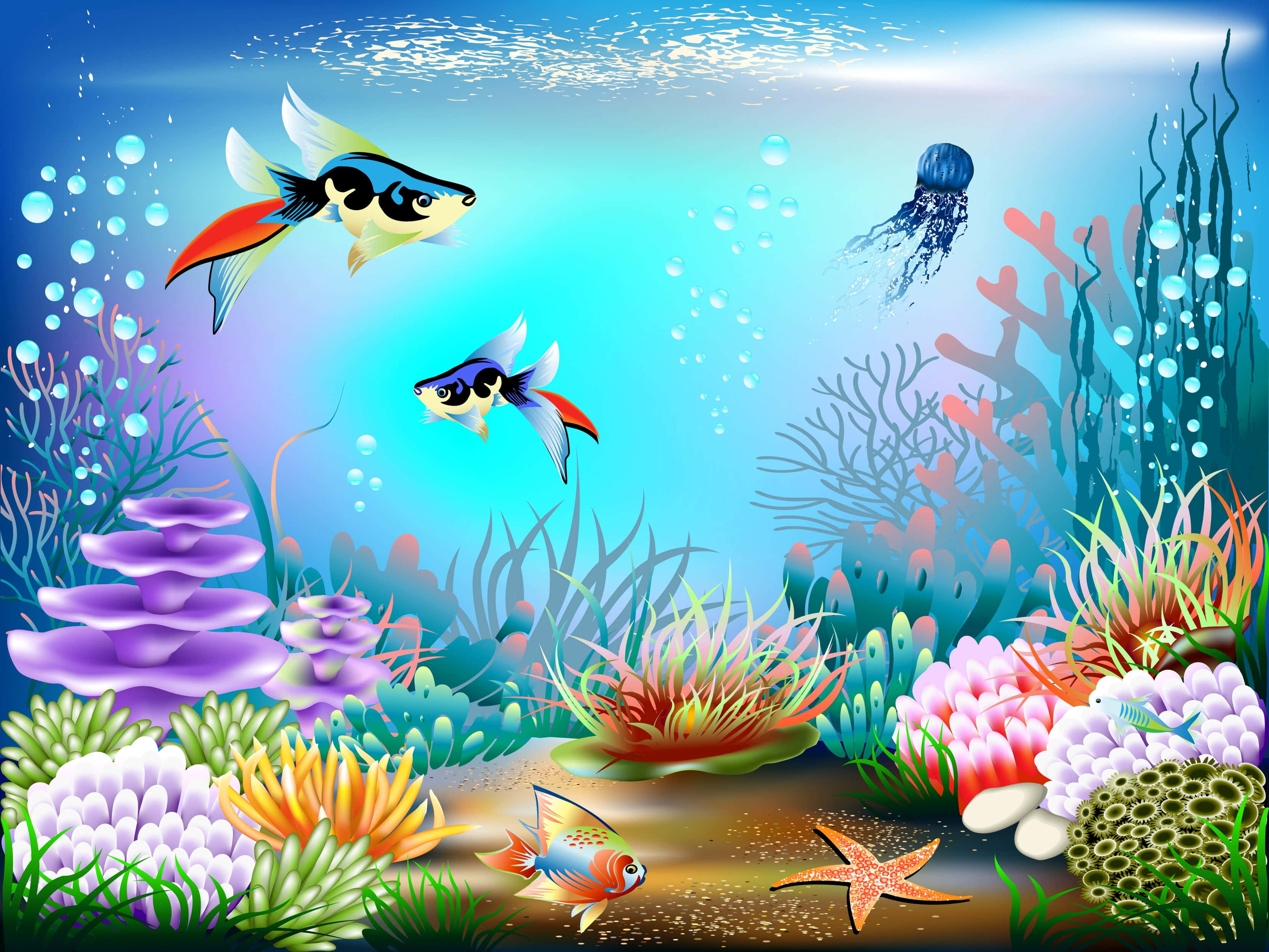 Aquarium 桌布 壁紙 — 色彩繽紛的卡通魚類和水母在陽光照射的水下場景中，在五顏六色的珊瑚和海葵之間游動。