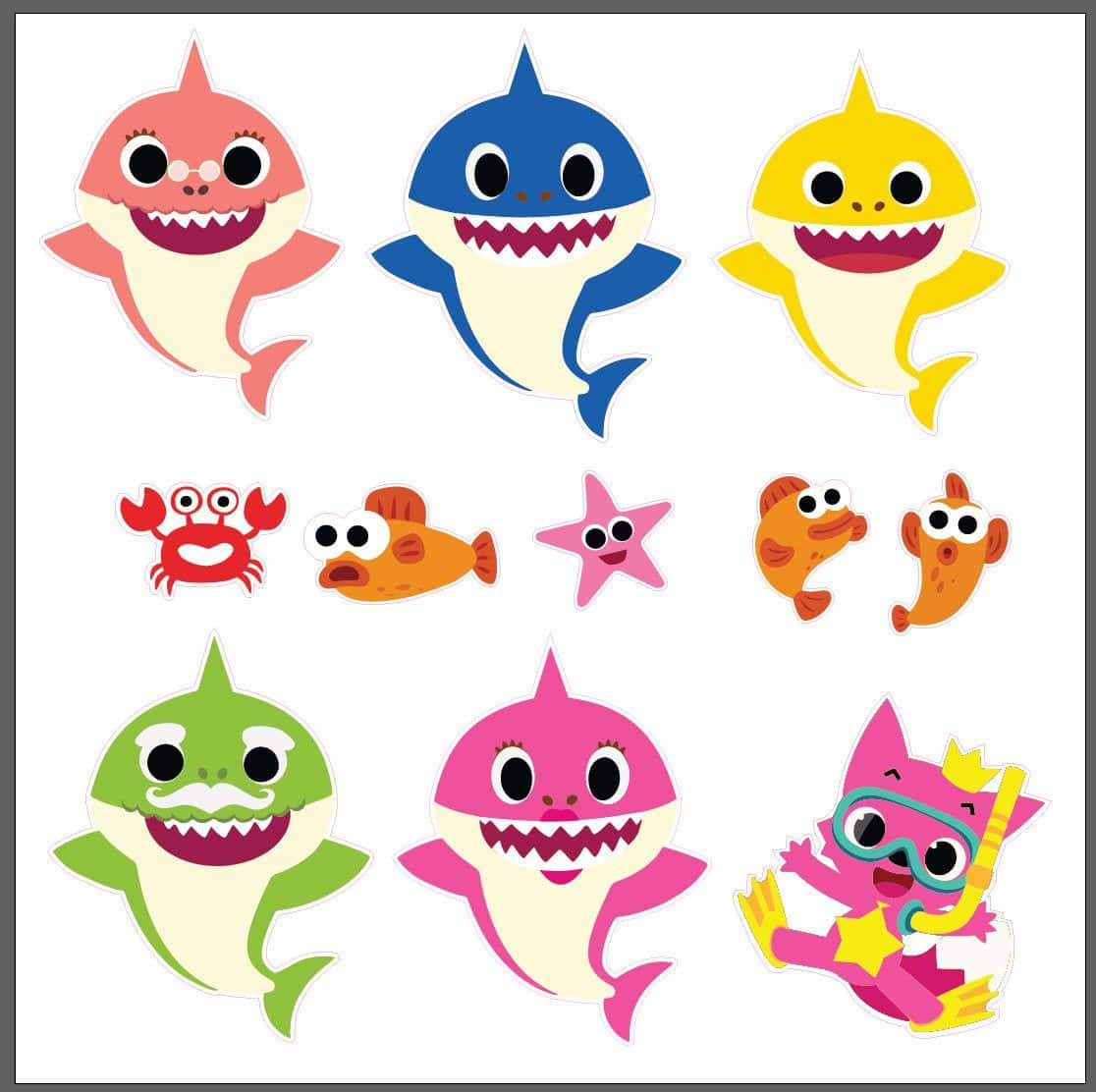 baby shark 桌布 壁紙 — 色彩繽紛的卡通鯊魚和海洋生物，大眼睛和微笑，白色背景。