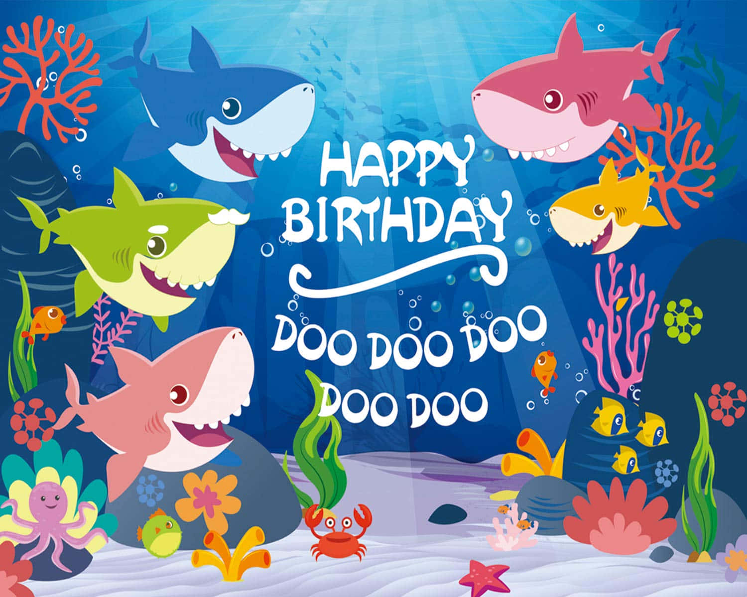 小孩動圖 桌布 壁紙 — 色彩繽紛的卡通鯊魚和海洋生物在水下慶祝生日，配有節日文字和珊瑚裝飾。