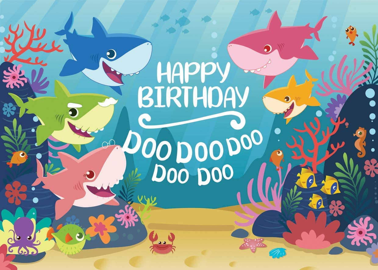 彩色動圖 桌布 壁紙 — 色彩繽紛的卡通鯊魚和海洋生物在水下慶祝生日，並帶有節日文字。