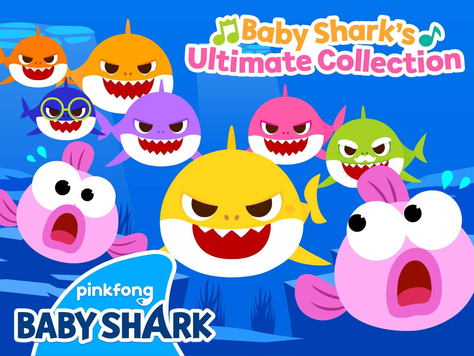 Baby Shark 和朋友們在水下游泳，有大眼睛和尖牙。 — 魚 GIF 壁紙