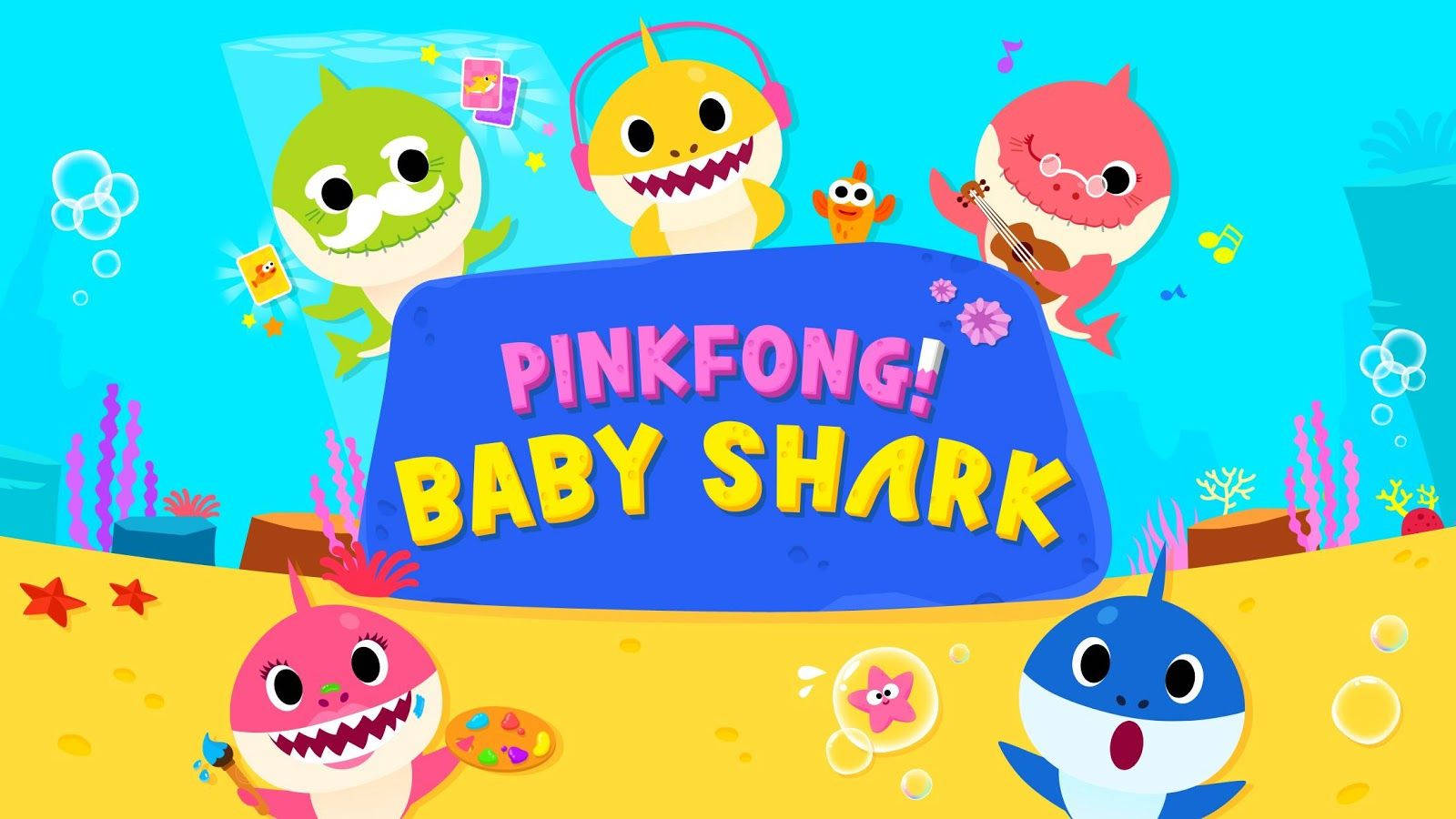 鯊魚 桌布 壁紙 — 色彩繽紛的卡通鯊魚在水下圍繞著一個寫有Pinkfong Baby Shark的大標誌演奏音樂。