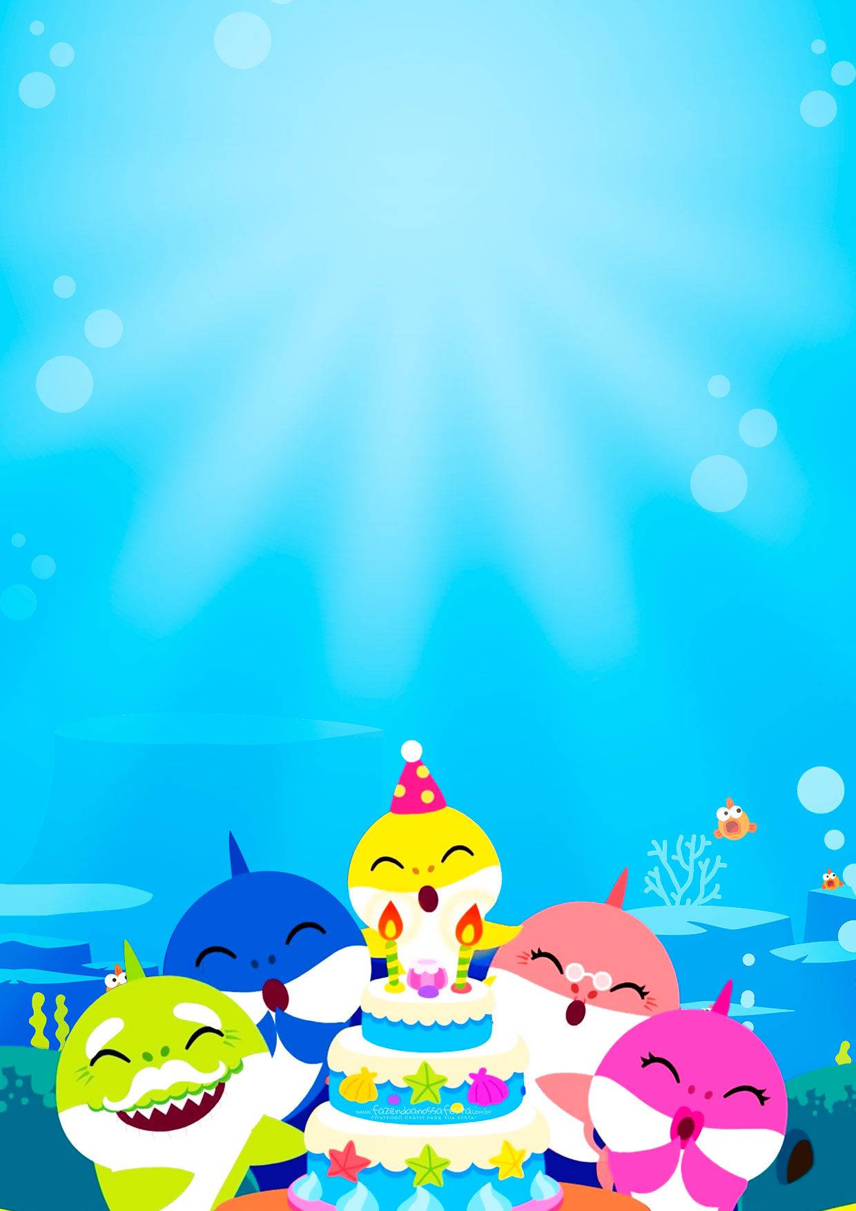 Birthday Cake 桌布 壁紙 — 色彩繽紛的卡通鯊魚在水底圍著裝飾蛋糕慶祝生日，伴隨著陽光和氣泡。
