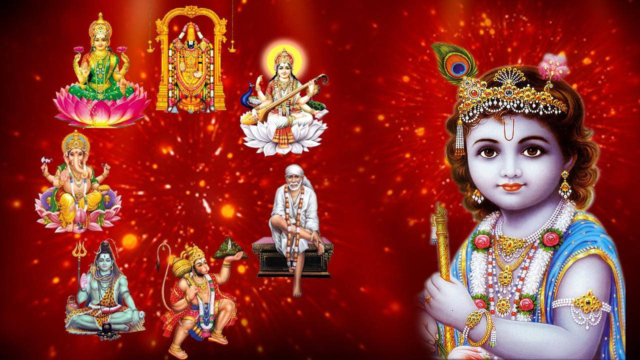 Indian 桌布 壁紙 — 色彩繽紛的印度教神祇插圖，包括克里希納、濕婆、象頭神等，以發光的紅色背景搭配金色點綴。