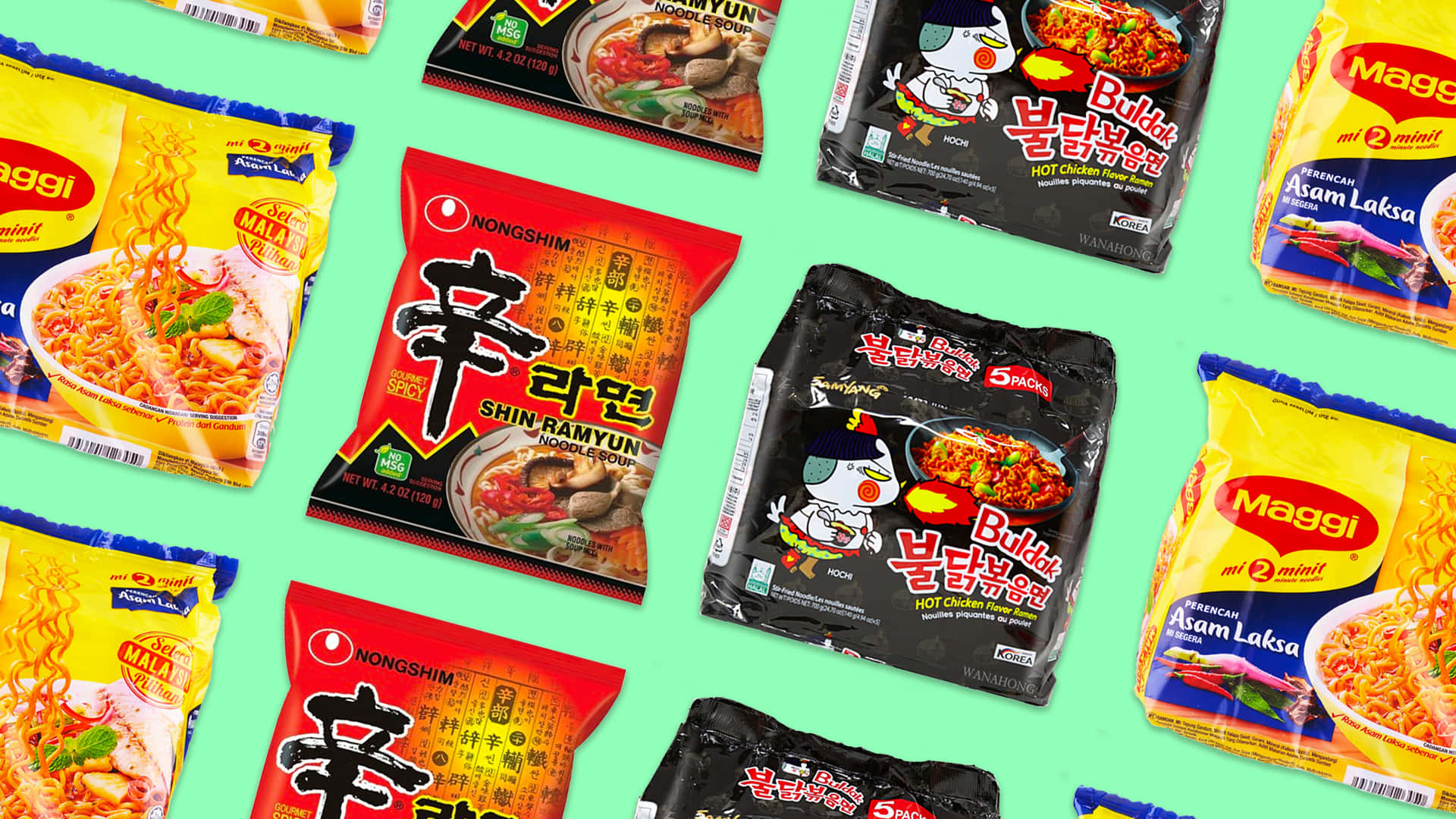 Noodles 桌布 壁紙 — 色彩繽紛的即食麵包裝，鮮豔奪目，散落在薄荷綠背景上。