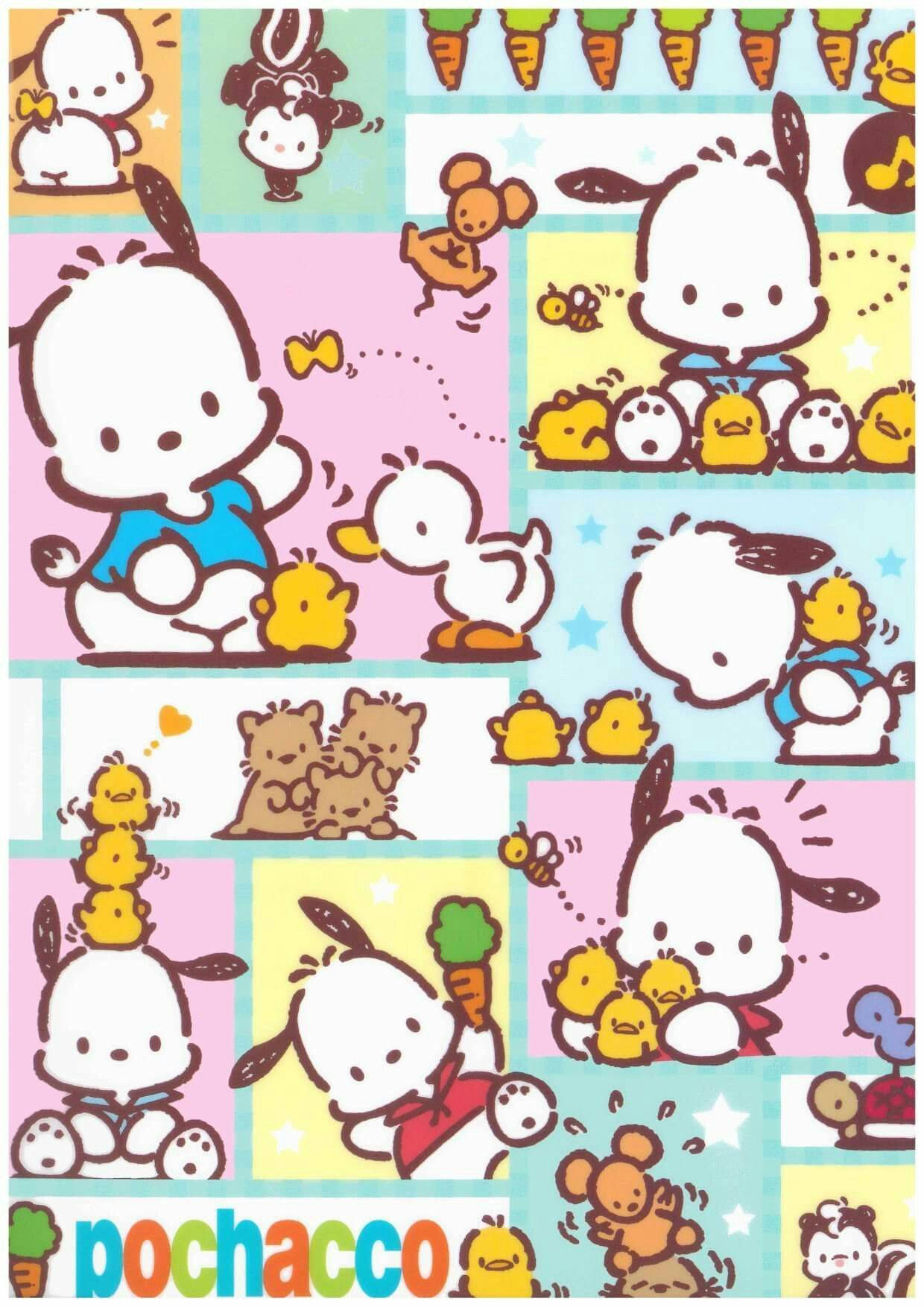 Pochacco 桌布 壁紙 — 色彩繽紛的可愛卡通人物拼貼畫，包括Pochacco和小雞與胡蘿蔔和蜜蜂的嬉戲場景。