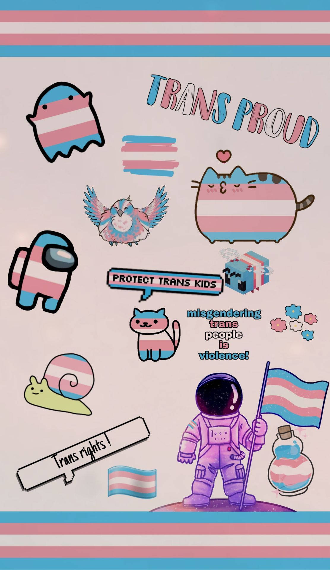 LGBT 桌布 壁紙 — 色彩繽紛的可愛卡通角色和符號拼貼，全部採用跨性別旗幟顏色，帶有賦權的跨性別驕傲訊息。