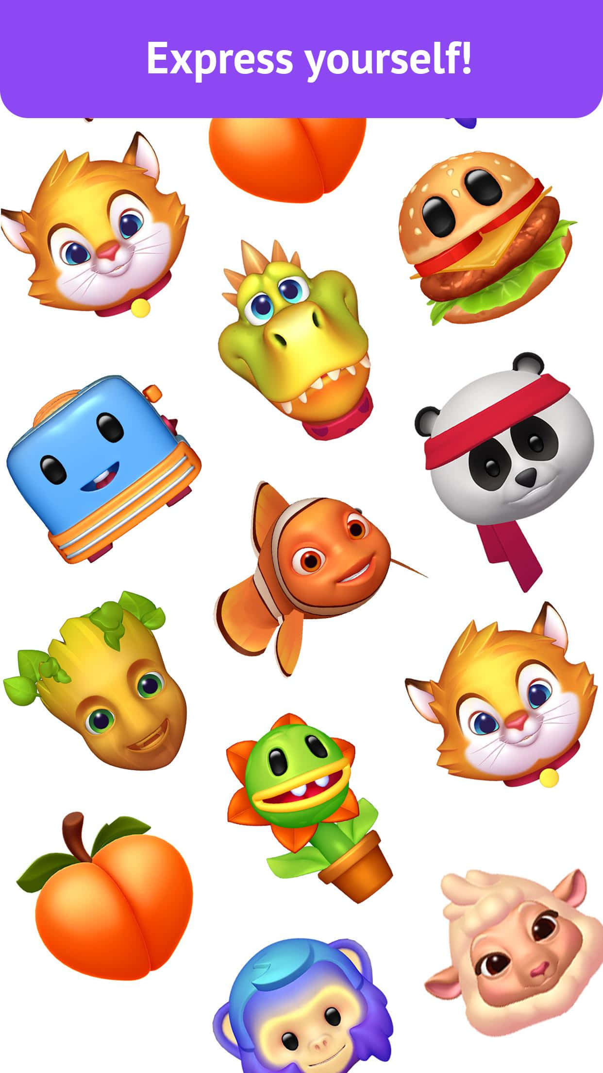 Animojis 桌布 壁紙 — 色彩繽紛的可愛卡通角色收藏，包括動物、食物和物品，有大眼睛和笑臉。