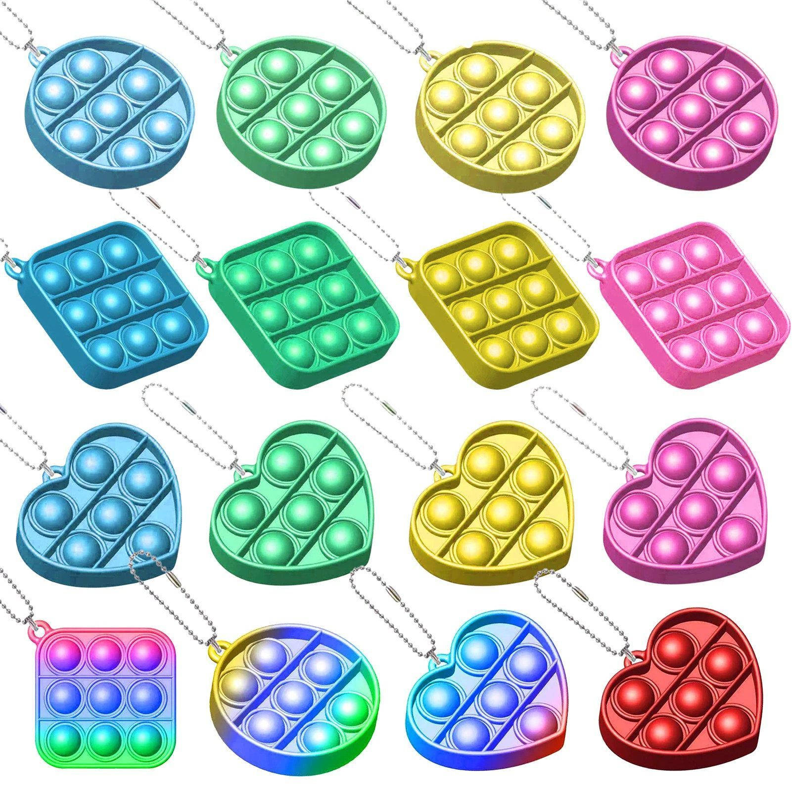 Fidget Toys 桌布 壁紙 — 色彩繽紛的圓形、方形和心形 pop-it 減壓吊墜項鍊網格，色調鮮豔。