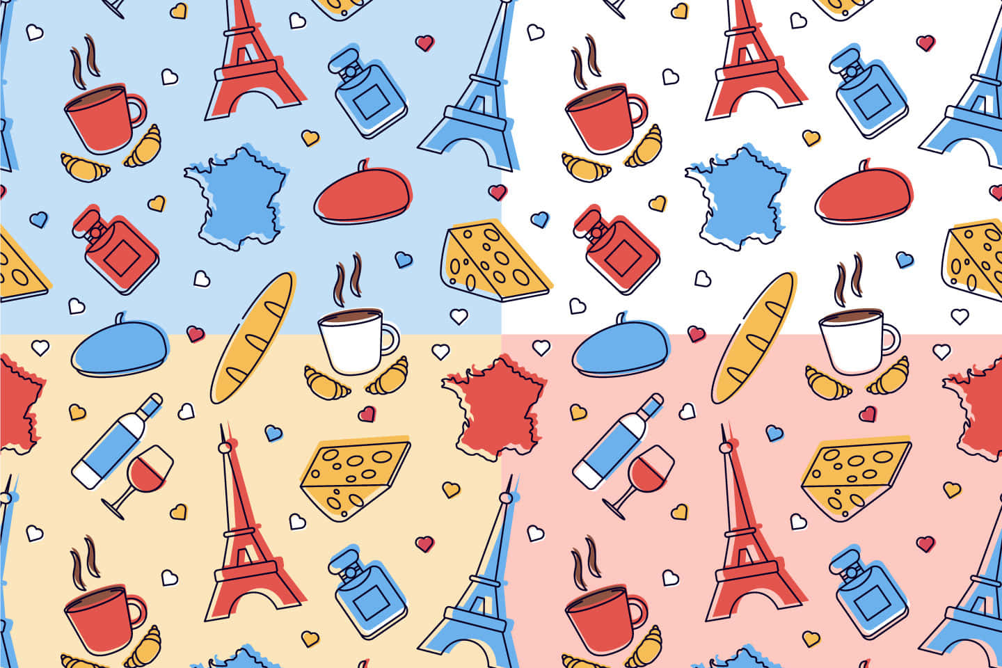french 桌布 壁紙 — 色彩繽紛的圖案壁紙，以俏皮卡通風格呈現法國標誌，如艾菲爾鐵塔、可頌和起司。