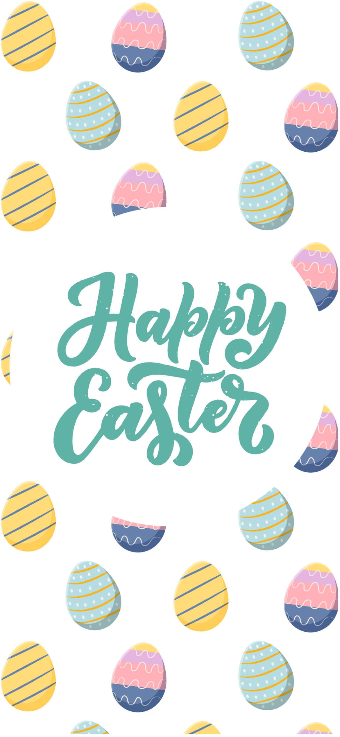 Cute Easter 桌布 壁紙 — 色彩繽紛的圖案復活蛋漂浮在白色背景上的青綠色草書「復活節快樂」文字周圍。