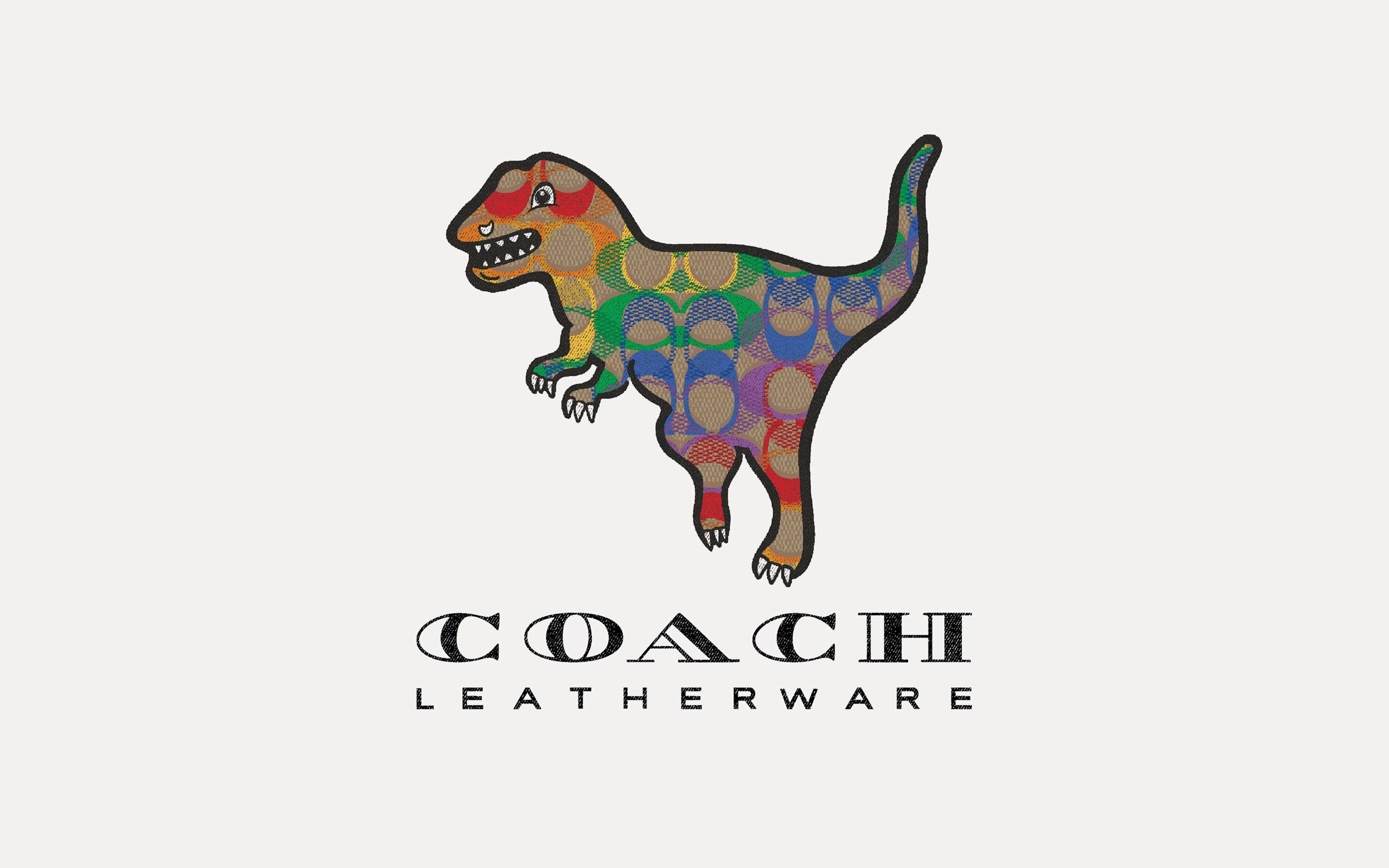 Coach 桌布 壁紙 — 色彩繽紛的圖案恐龍標誌，帶有粗黑色輪廓，背景為淺灰色。