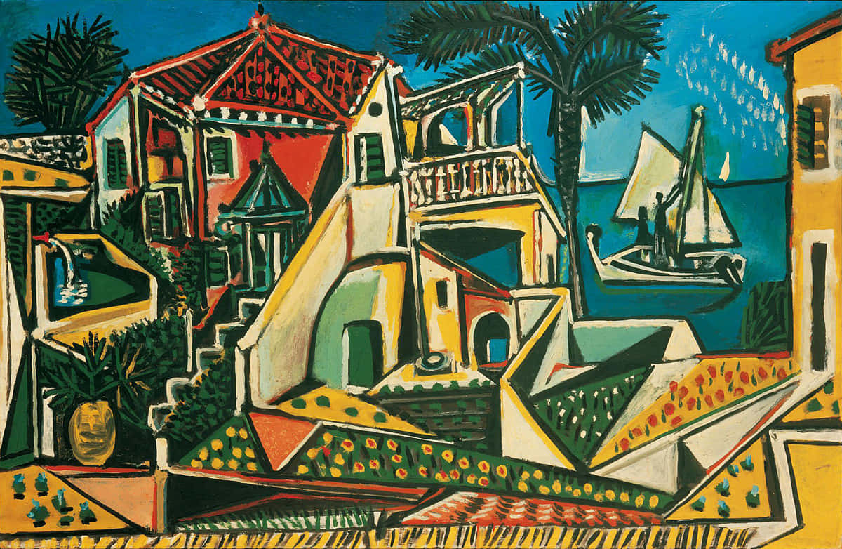 Picasso 桌布 壁紙 — 色彩繽紛的地中海房屋和藍色水面上帆船及棕櫚樹的立體派畫作