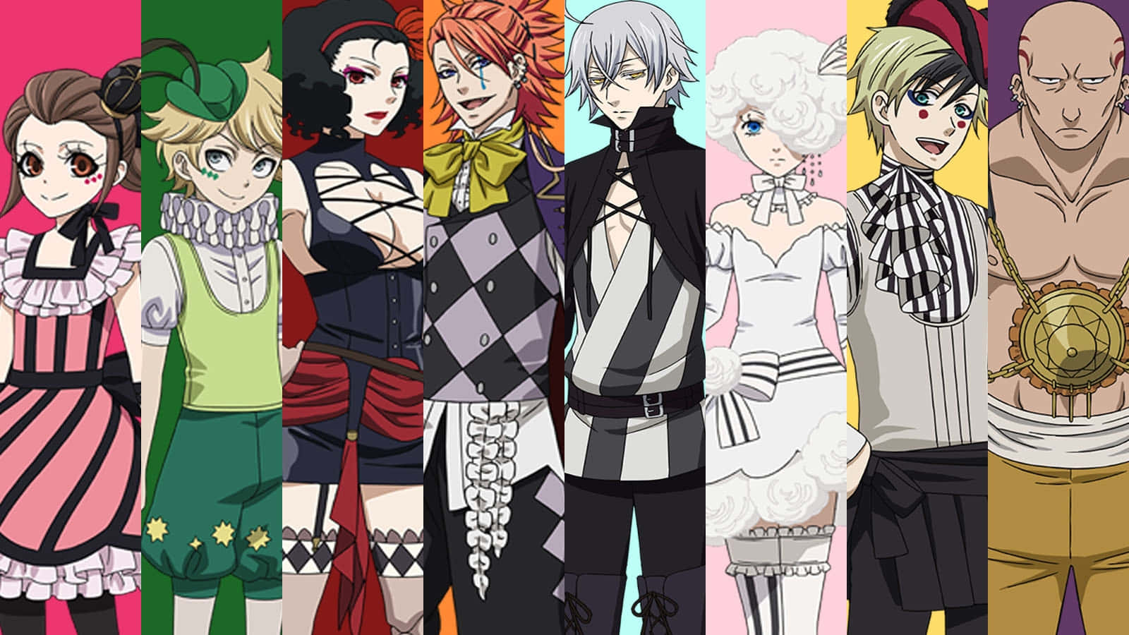 Black Butler Snake 桌布 壁紙 — 色彩繽紛的垂直面板中，生動的動漫角色展現多樣的時尚與表情。