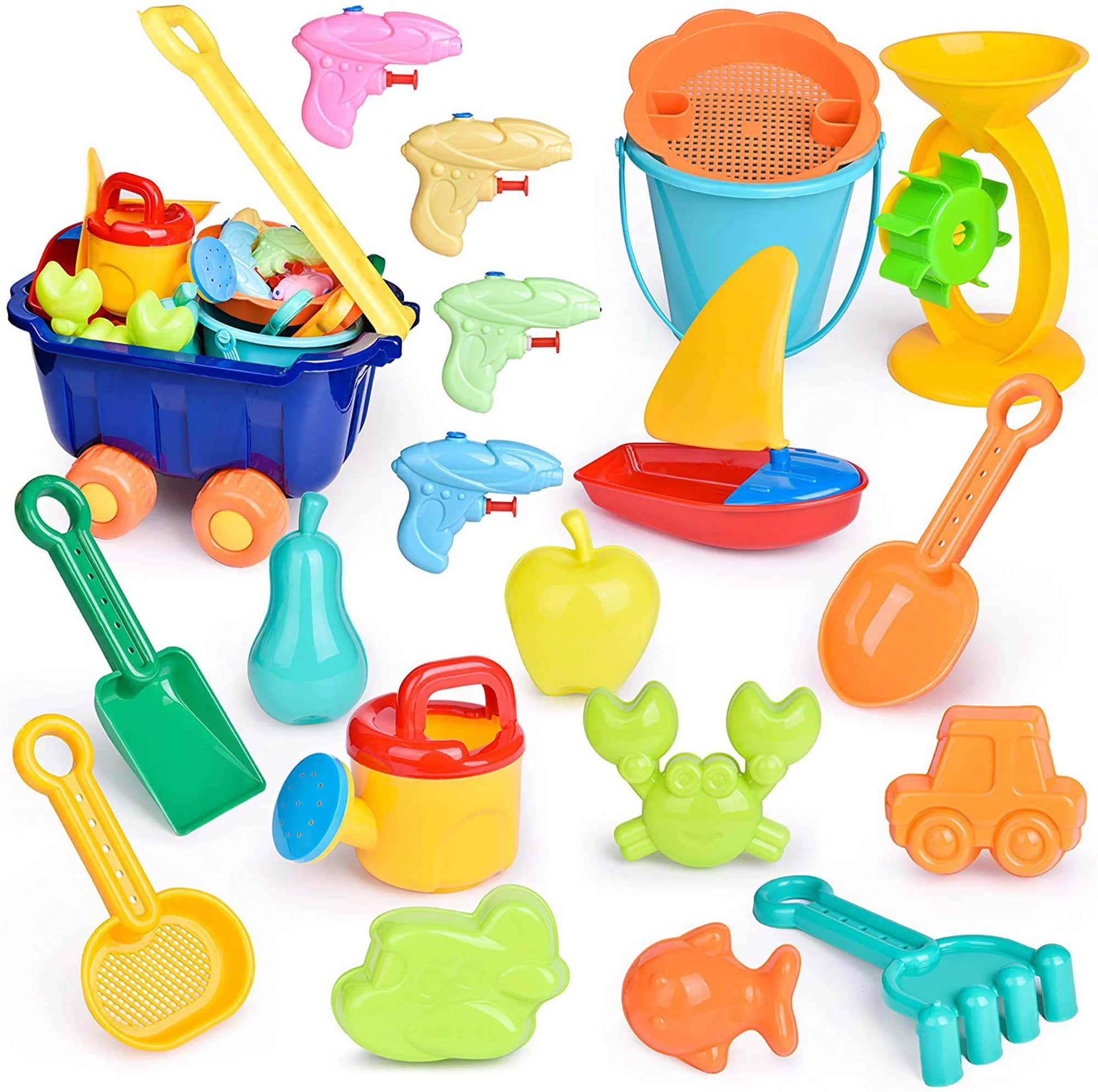 Beach Toys 桌布 壁紙 — 色彩繽紛的塑膠沙灘玩具，包括鏟子、水桶、水槍和模具，散落在白色背景上。