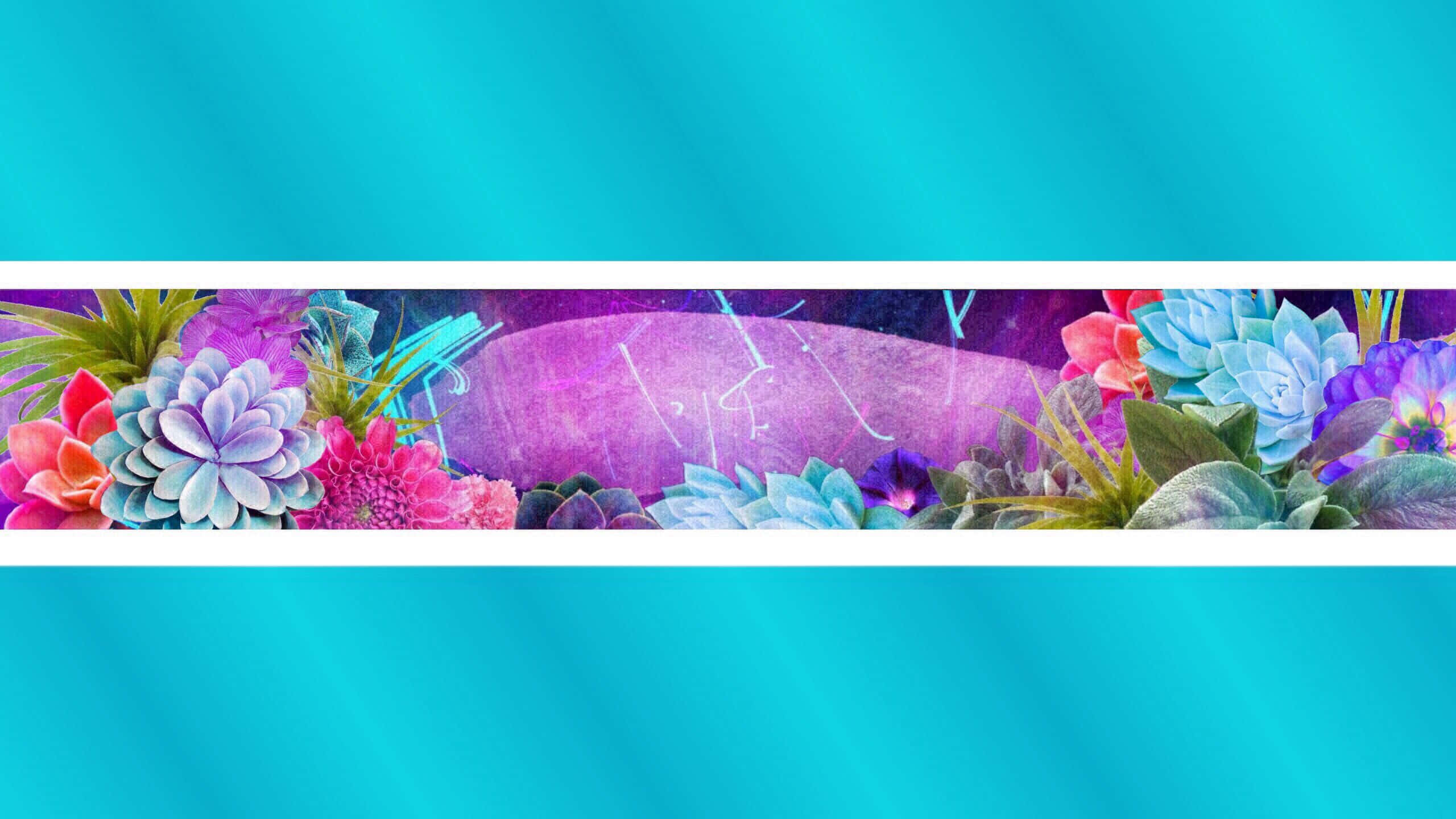 Aesthetic YouTube Banner 桌布 壁紙 — 色彩繽紛的多肉植物和花朵在流動的藍綠色背景上形成一條色彩繽紛的帶子。
