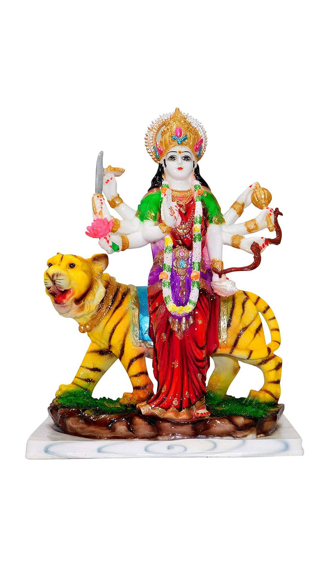 durga mata HD 桌布 壁紙 — 色彩繽紛的多臂印度教女神騎虎雕像，飾有華麗珠寶和武器。
