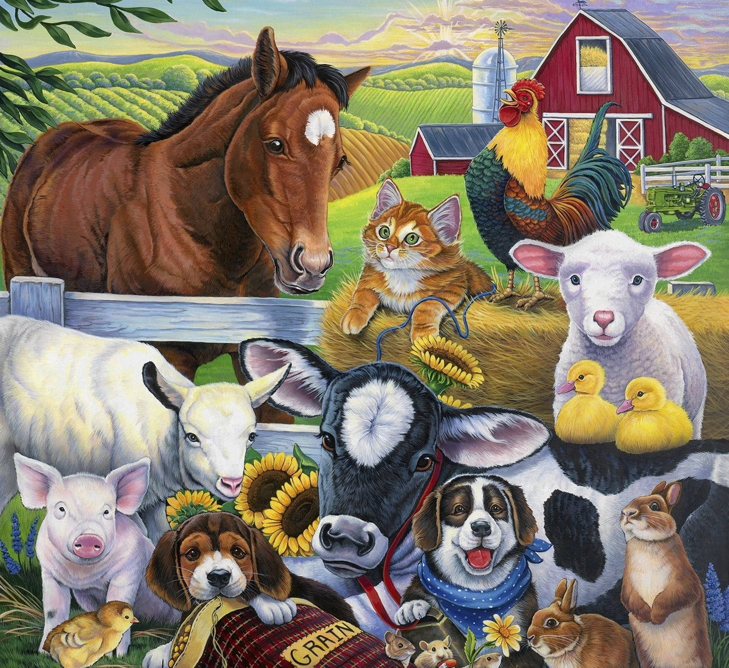 farm animals 桌布 壁紙 — 色彩繽紛的天空下，一匹棕馬、公雞、貓、羊、牛、狗、豬和兔子聚集在紅色穀倉附近的生動農場場景。