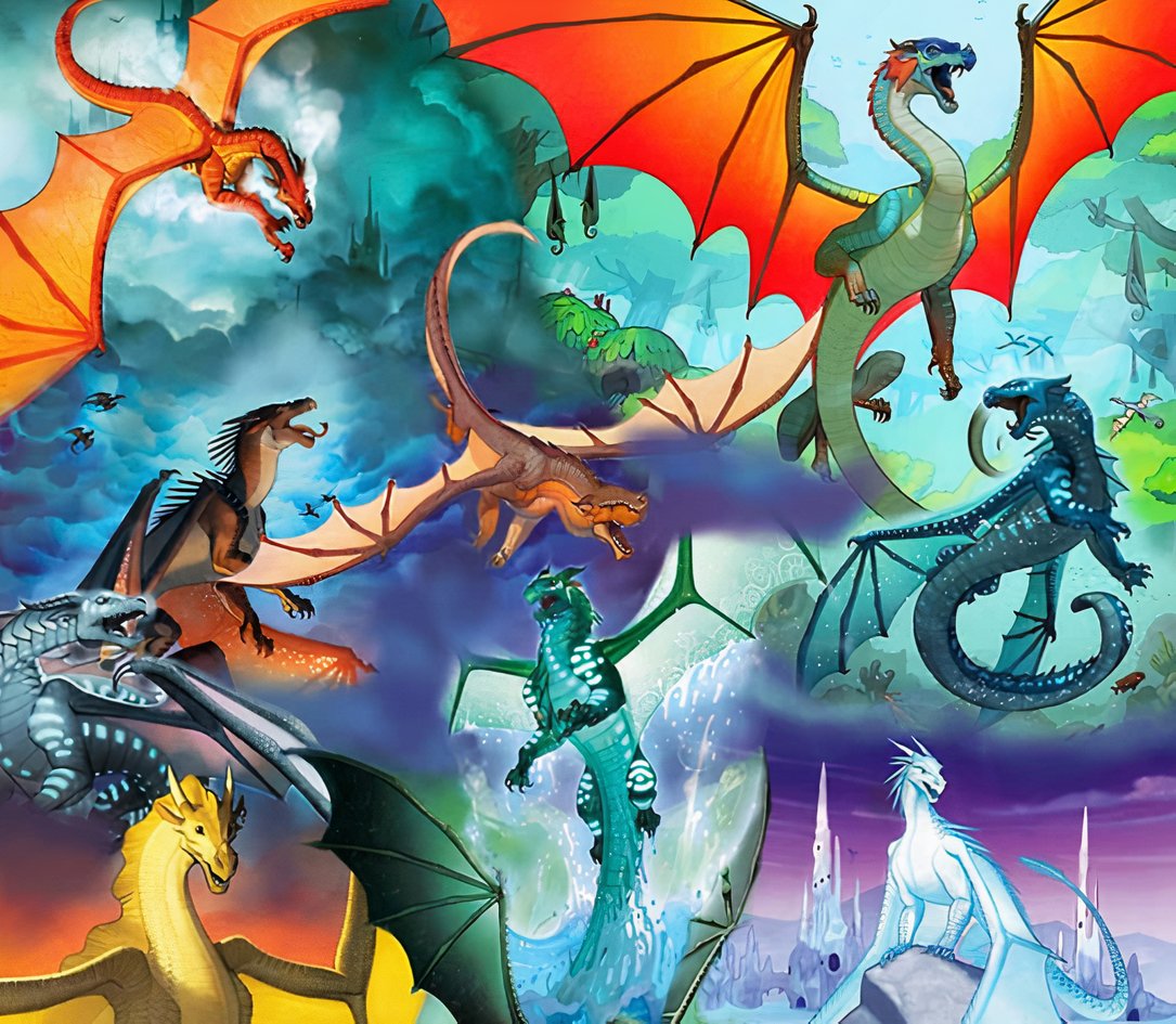 Wings Of Fire 桌布 壁紙 — 色彩繽紛的奇幻龍在風暴天空下，於神秘浮島和發光景觀上空翱翔和衝突。