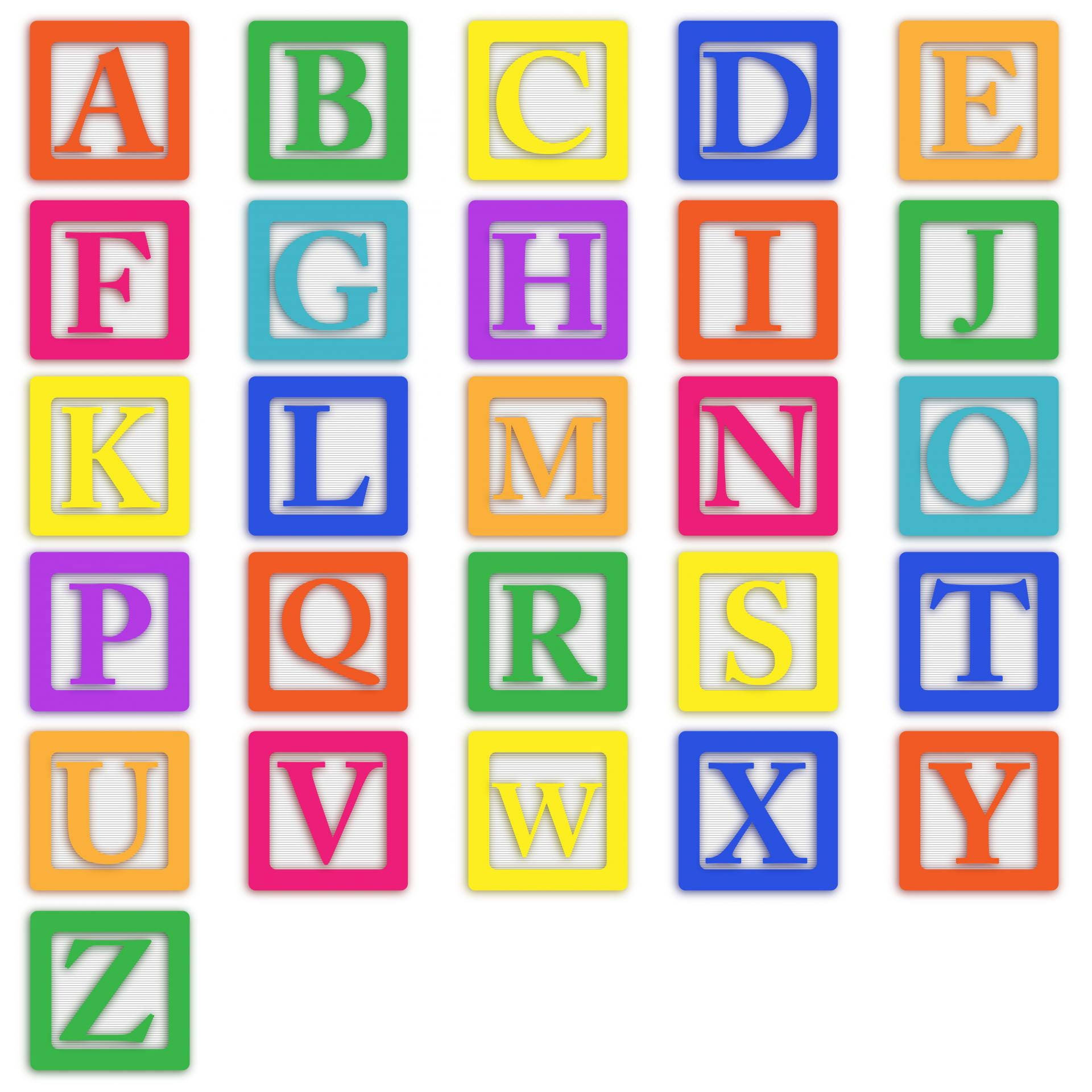 abc 桌布 壁紙 — 色彩繽紛的字母方塊整齊排列在潔白背景上，形成網格狀。