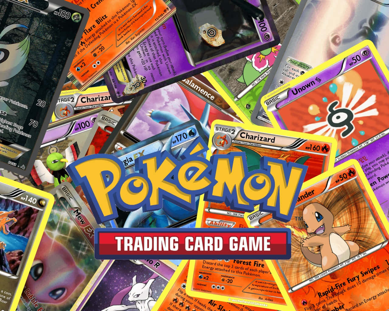 Pokemon Card 桌布 壁紙 — 色彩繽紛的寶可夢集換式卡牌以扇形展開的充滿活力的拼貼畫，標誌性標誌突出顯示。