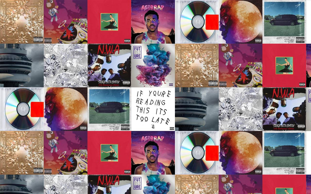 Kanye West Yeezus 桌布 壁紙 — 色彩繽紛的專輯封面和CD光碟以網格圖案排列的拼貼畫。