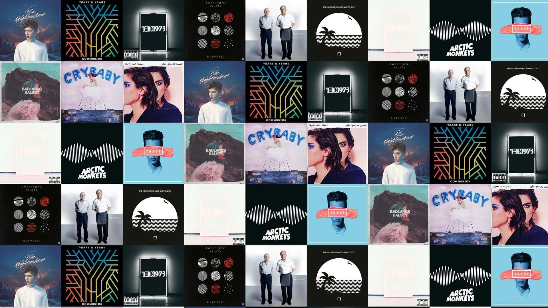 美學拼貼 桌布 壁紙 — 色彩繽紛的專輯封面拼貼，包括 Arctic Monkeys 和 Crybaby 等藝人，採用粗體字型和圖形設計。