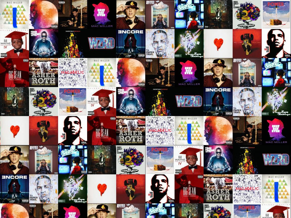 album 桌布 壁紙 — 色彩繽紛的專輯封面拼貼畫， featuring 藝術家如 Mac Miller、Wiz Khalifa 和 Asher Roth，具有大膽的圖形和多樣的藝術風格。