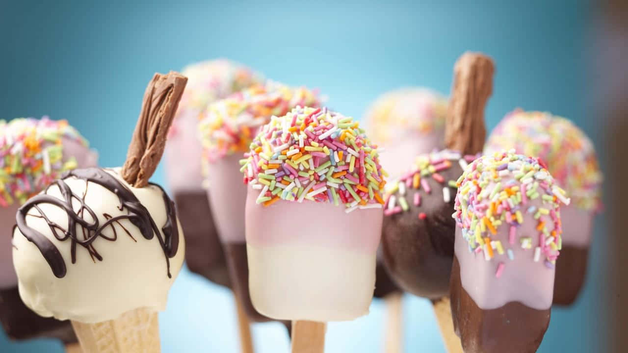 Ice Cream 桌布 壁紙 — 色彩繽紛的巧克力脆皮冰棒，上面綴有彩虹糖粒和巧克力醬，襯以柔和藍色背景。
