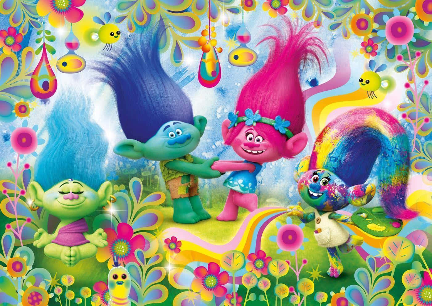 魔髮精靈 桌布 壁紙 — 色彩繽紛的巨魔們帶著彩虹頭髮，在一個充滿鮮花和奇幻生物的迷幻花園中快樂地跳舞。