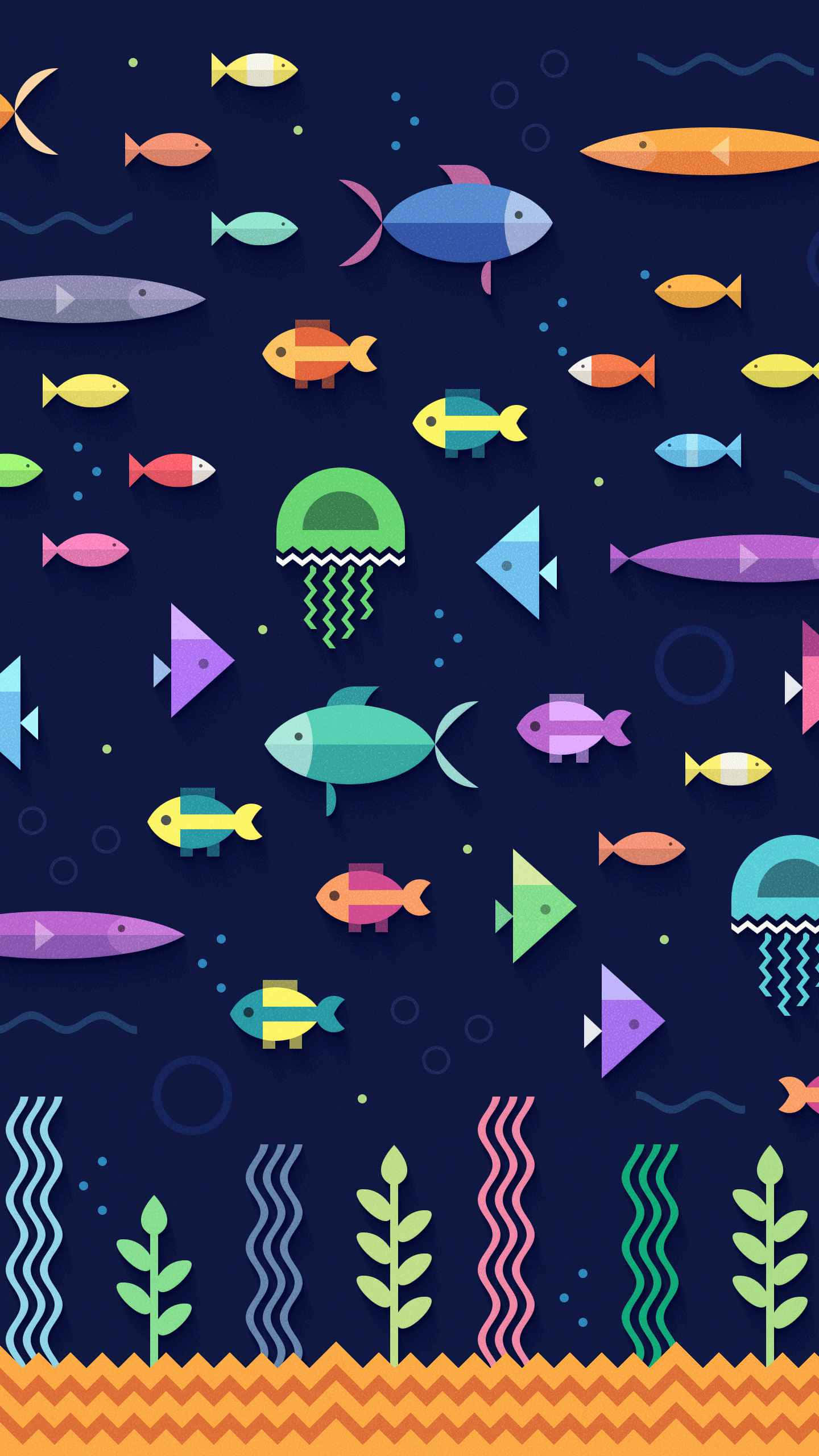 Aquarium iPhone 桌布 壁紙 — 色彩繽紛的平面風格魚類和水母在黑暗的海洋中游動，底部有彩色珊瑚和海藻。