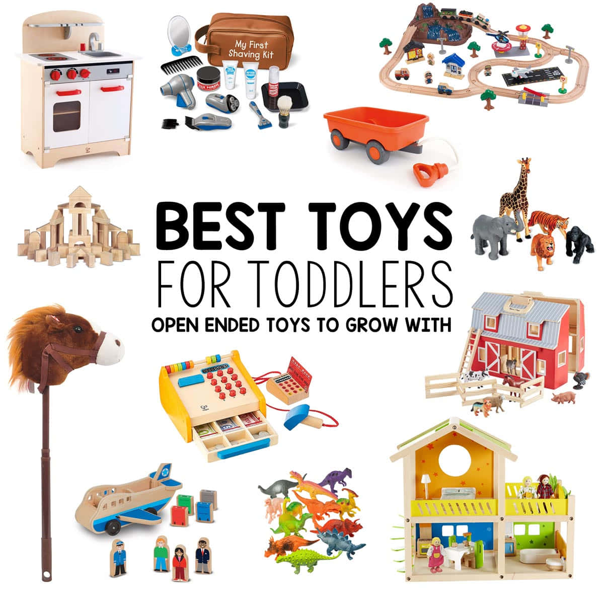 toys 桌布 壁紙 — 色彩繽紛的幼兒玩具拼貼，包括木製遊樂套裝、動物和扮家家酒廚房用具，圍繞粗體文字排列。