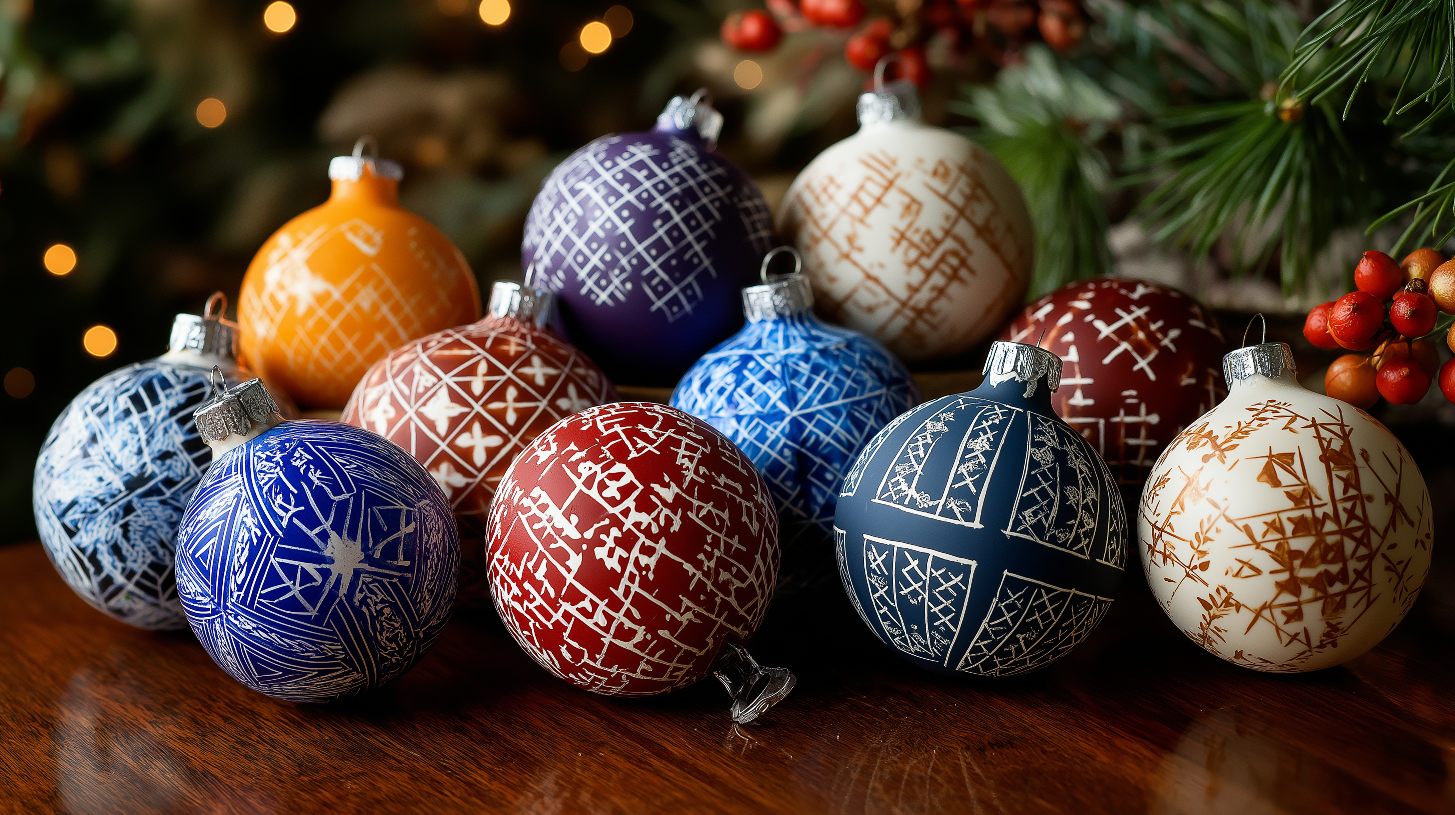 Baubles 桌布 壁紙 — 色彩繽紛的幾何圖案聖誕裝飾品放置在木質表面上，搭配松樹枝和紅莓，背景柔和模糊。