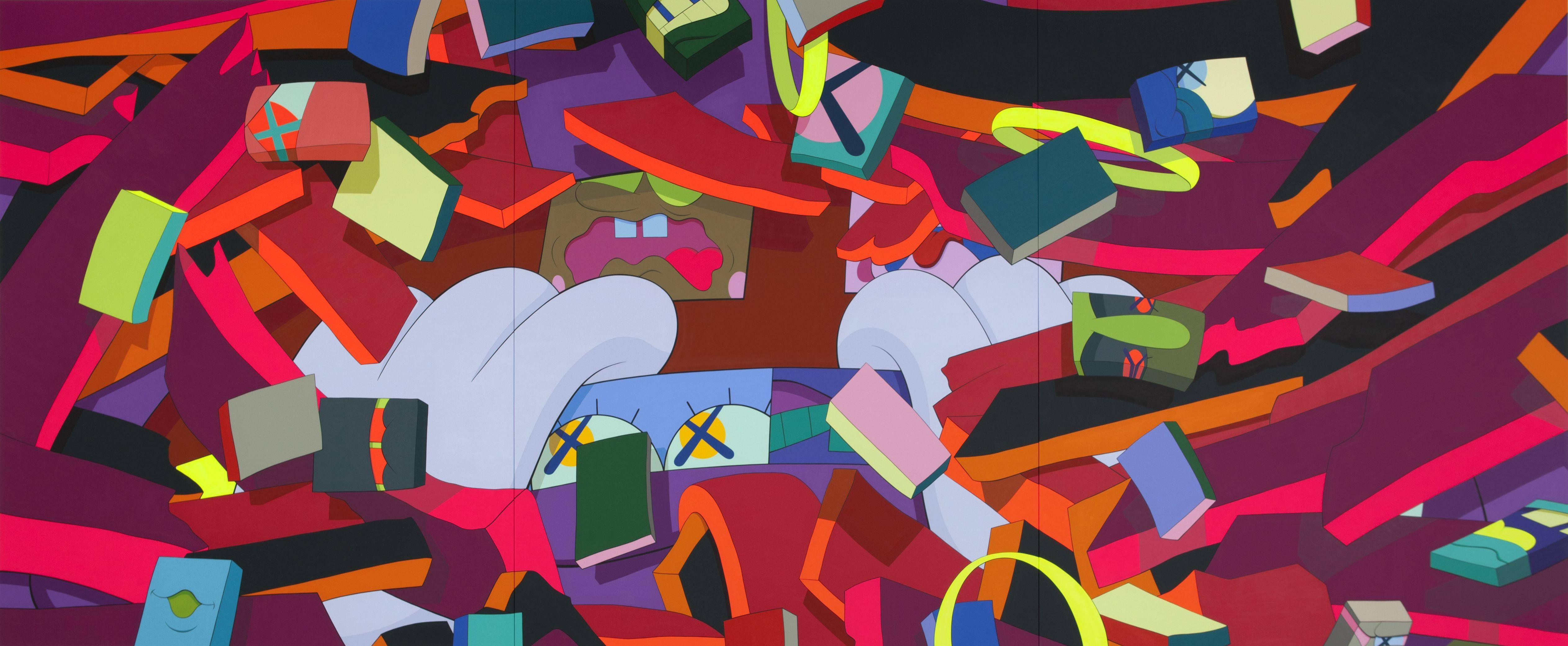 kaws 4K 桌布 壁紙 — 色彩繽紛的幾何形狀和抽象形態在鮮豔色調中的混亂爆發。