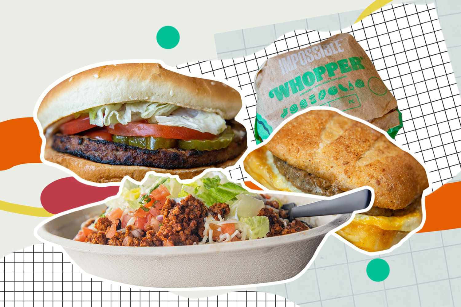 fast food 桌布 壁紙 — 色彩繽紛的幾何背景上，包含Whopper漢堡和辣椒碗等快餐食品的拼貼畫。