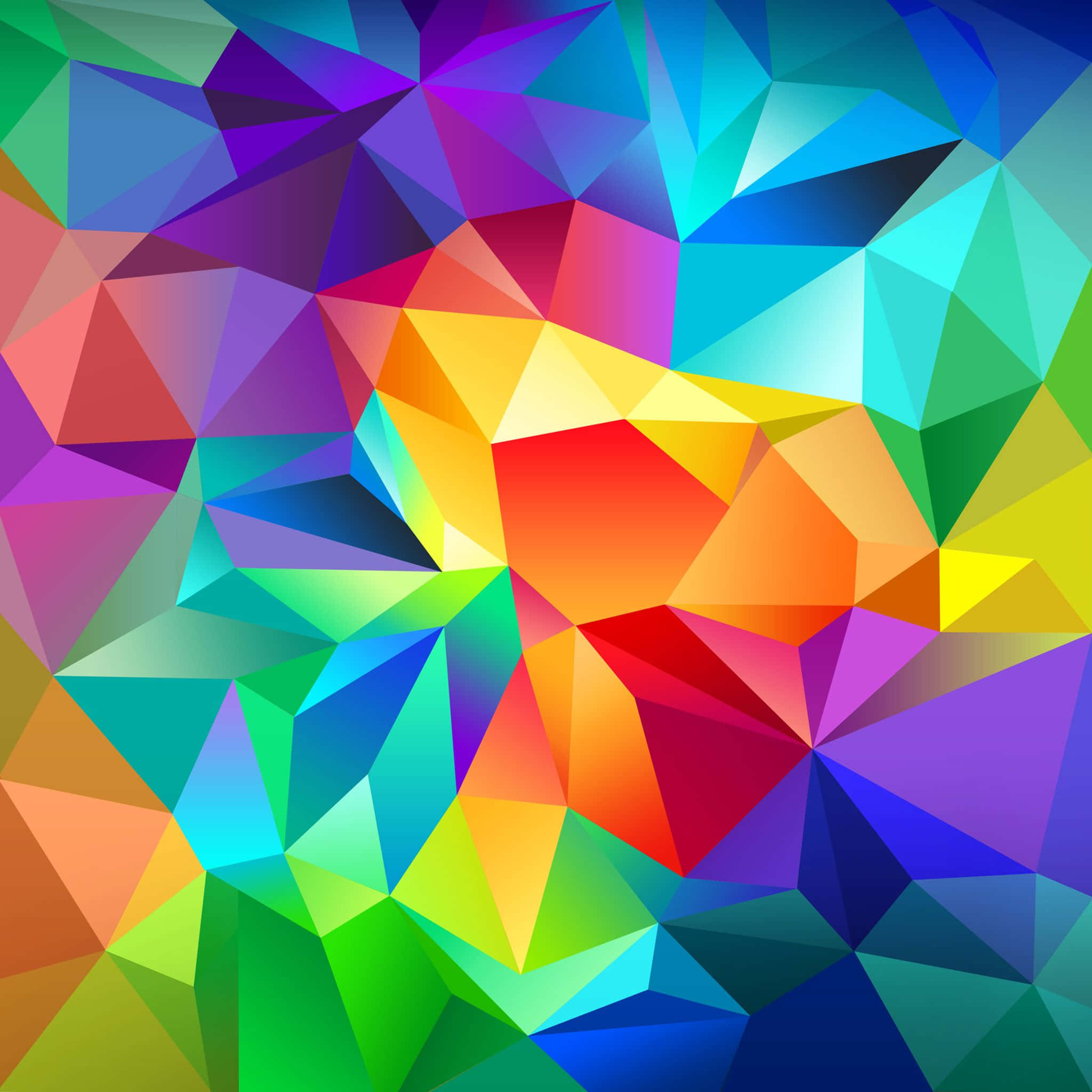 colors 桌布 壁紙 — 色彩繽紛的幾何馬賽克，由多色三角形從中央火熱核心向外輻射而成。