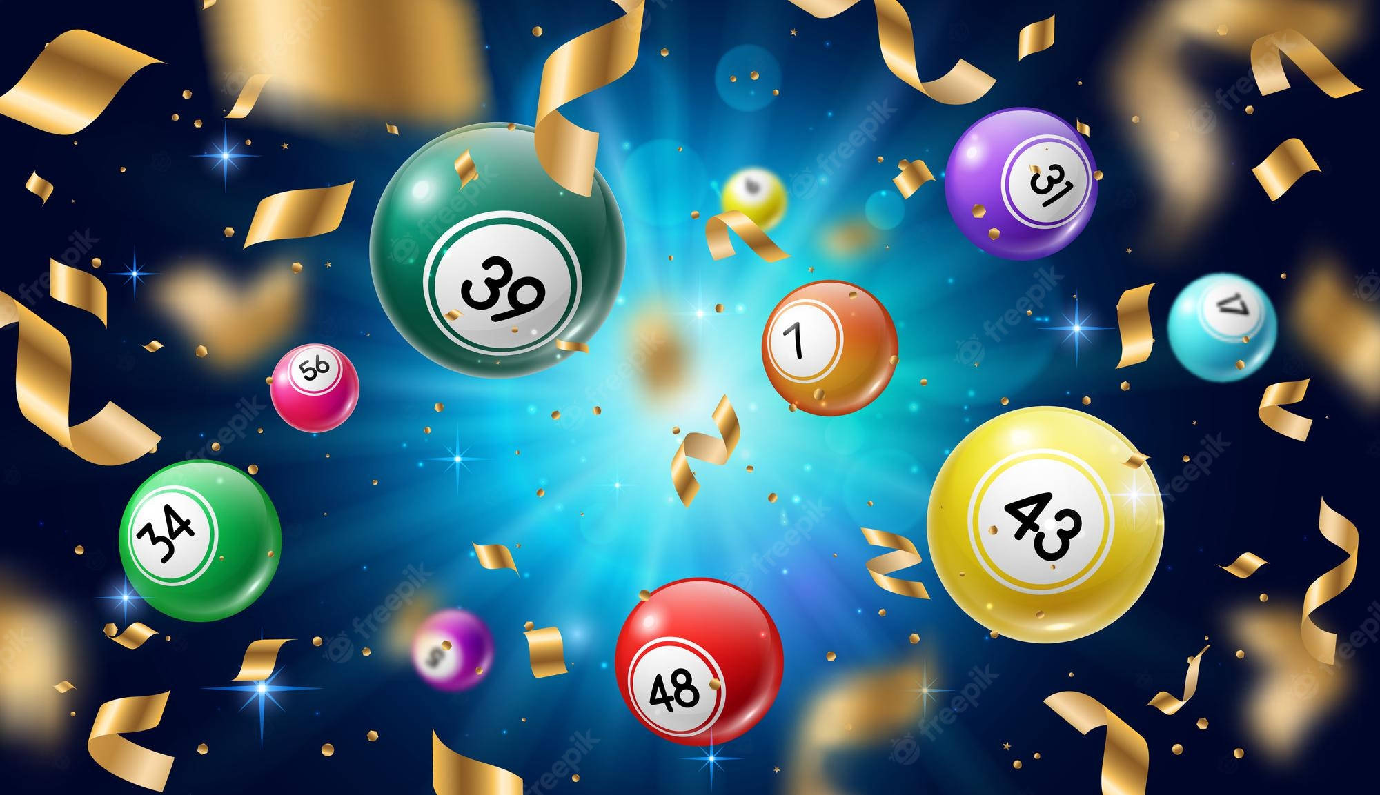 arcade 桌布 壁紙 — 色彩繽紛的彩球漂浮在金色彩紙和閃爍燈光中，背景是耀眼的藍色。