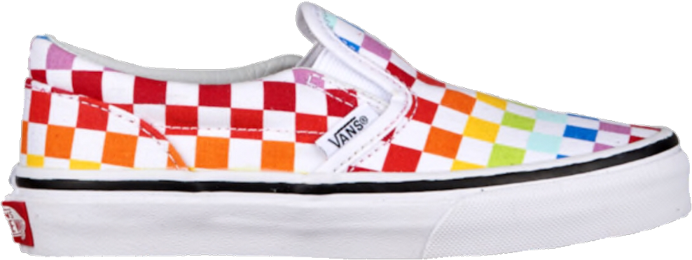 Vans 桌布 壁紙 — 色彩繽紛的彩虹格紋Vans slip-on運動鞋，白色鞋底和黑色條紋，透明背景。