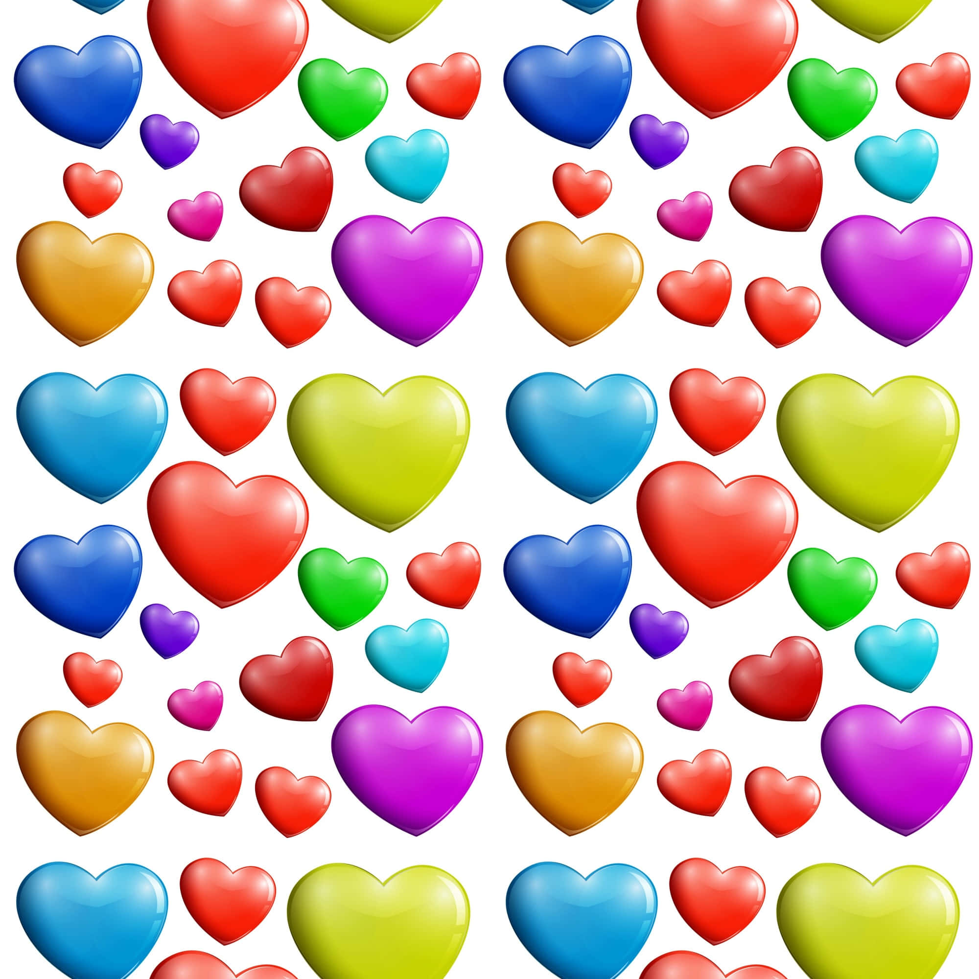 Heart Pattern 桌布 壁紙 — 色彩繽紛的彩虹色亮面心形在純白背景上漂浮，形成重複圖案。
