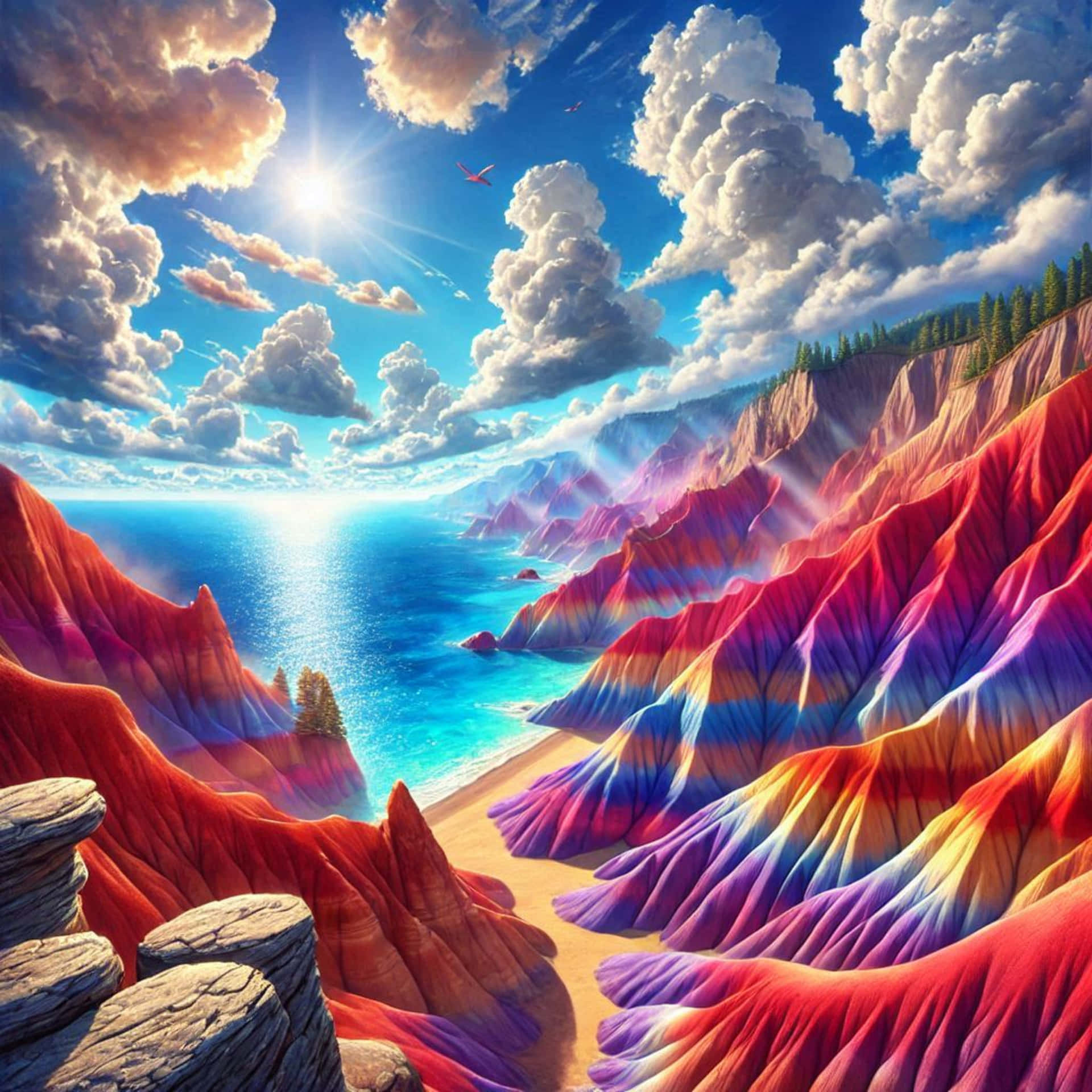 Sunset in the mountains 壁紙 — 色彩繽紛的彩虹色峽谷懸崖在明亮的陽光和蓬鬆的雲朵下與碧綠色的海洋相遇。