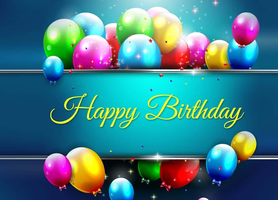 Birthday 桌布 壁紙 — 色彩繽紛的彩虹色氣球漂浮在一個發光的橫幅周圍，橫幅上寫著 'Happy Birthday'，背景是閃爍的藍色漸變。