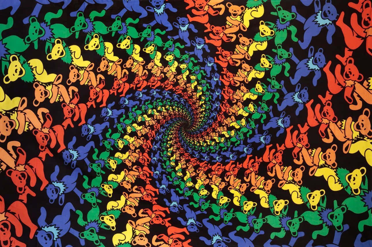 抽象 桌布 壁紙 — 色彩繽紛的彩虹色泰迪熊在黑色背景上以催眠般的漩渦向內螺旋。