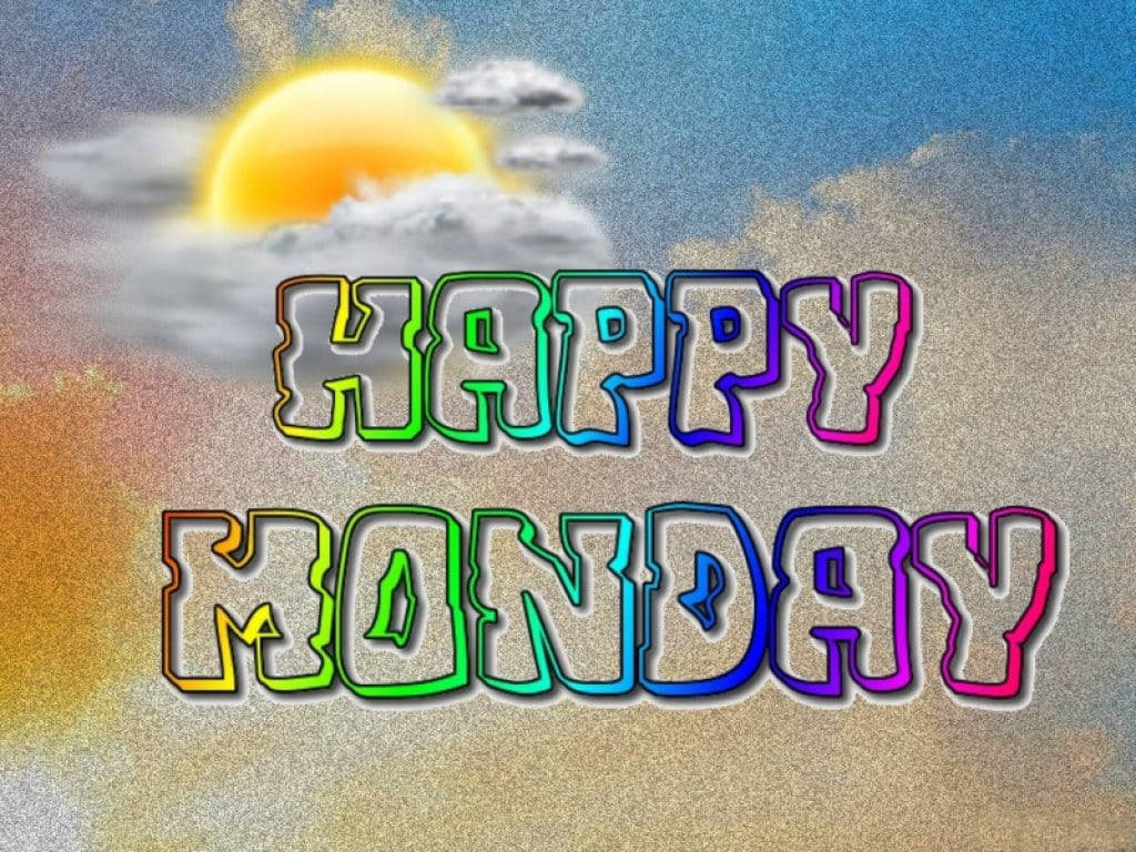 Happy Monday 桌布 壁紙 — 色彩繽紛的彩虹輪廓 'HAPPY MONDAY' 文字漂浮在紋理天空上，伴隨著發光的太陽和蓬鬆的雲朵。