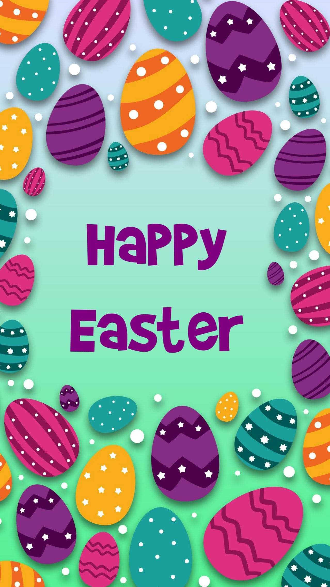 Easter 桌布 壁紙 — 色彩繽紛的復活節彩蛋帶有圖案，在漸層青綠色背景上圍繞著歡快的「復活節快樂」訊息。