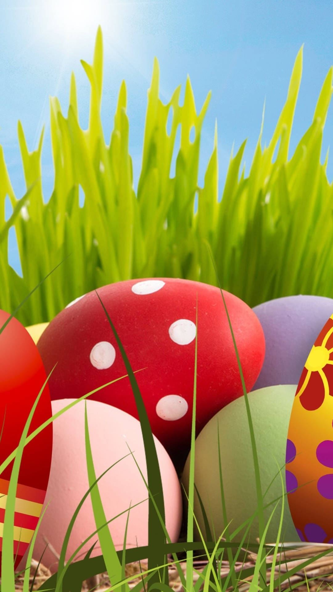 Easter Phone 桌布 壁紙 — 色彩繽紛的復活節彩蛋藏在晴朗藍天下的翠綠草地中。