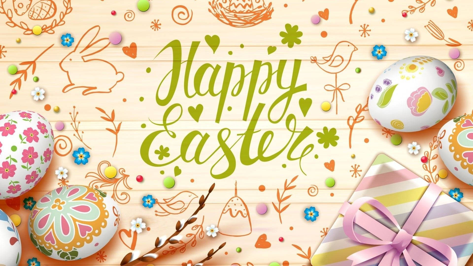 Happy Easter 桌布 壁紙 — 色彩繽紛的復活節蛋、花朵和禮物裝飾著木質背景，並有綠色草書的「Happy Easter」。