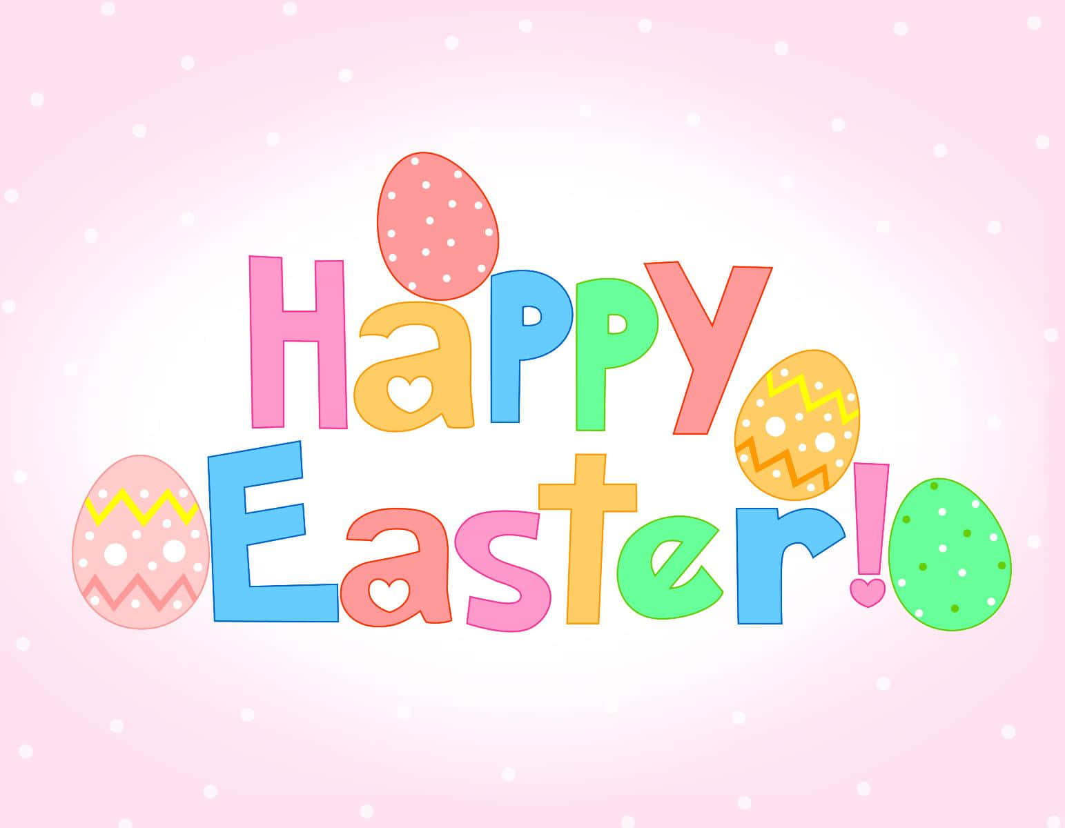 Pastel Easter 桌布 壁紙 — 色彩繽紛的復活節蛋在柔和的粉紅色圓點背景上，裝飾著充滿活力的多色「復活節快樂！」文字。