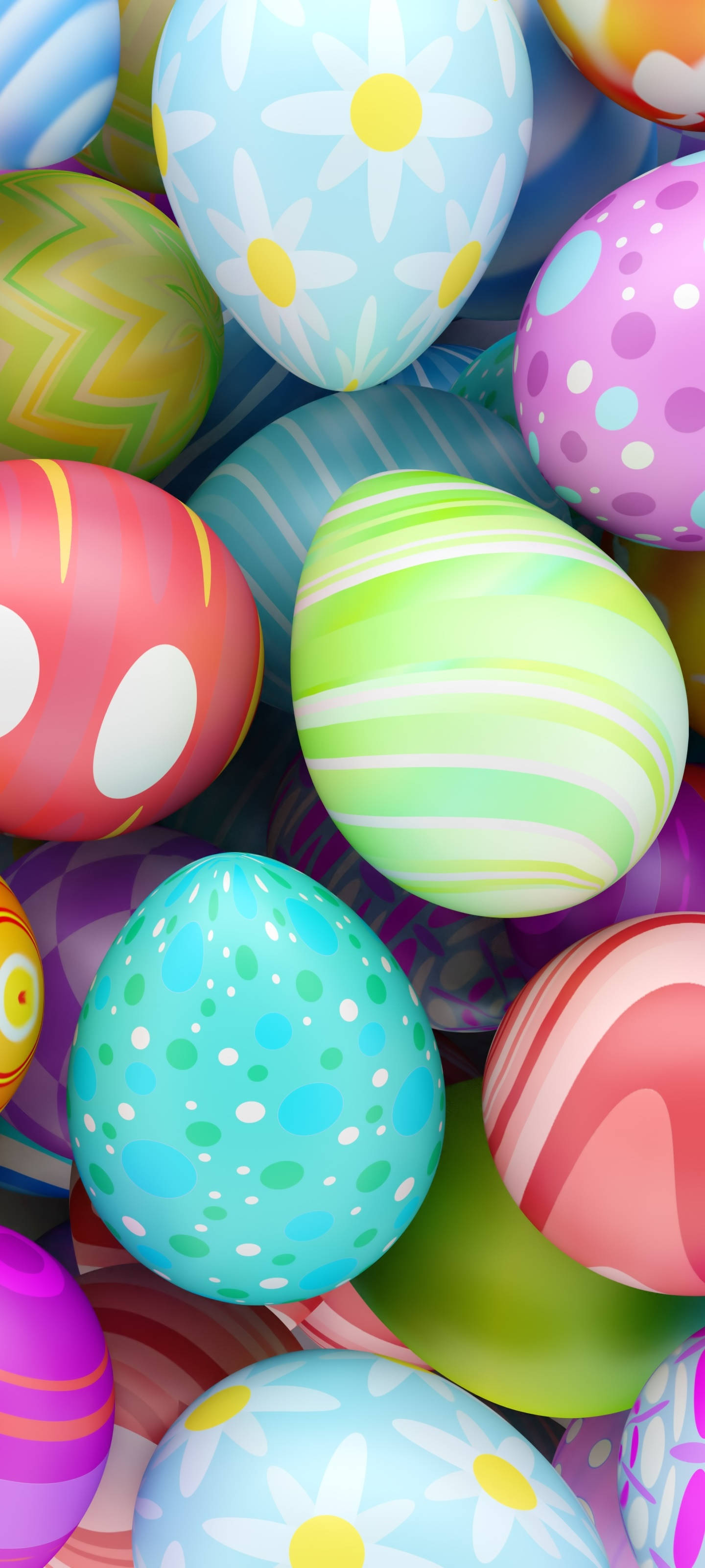 Easter Phone 桌布 壁紙 — 色彩繽紛的復活節蛋特寫，帶有花卉條紋、圓點和鋸齒圖案，採用明亮的柔和色調。